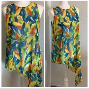 Feather Print Asymmetrical Tank Size L Green Blue Kay Celine Boho Hippie